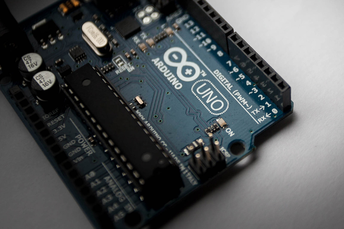 Detail of Arduino Uno R3 showing silkscreened pin information
