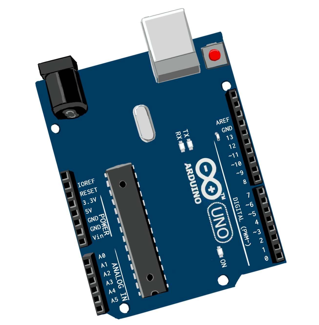 A bad artist's impression of the Arduino Uno (R3) board